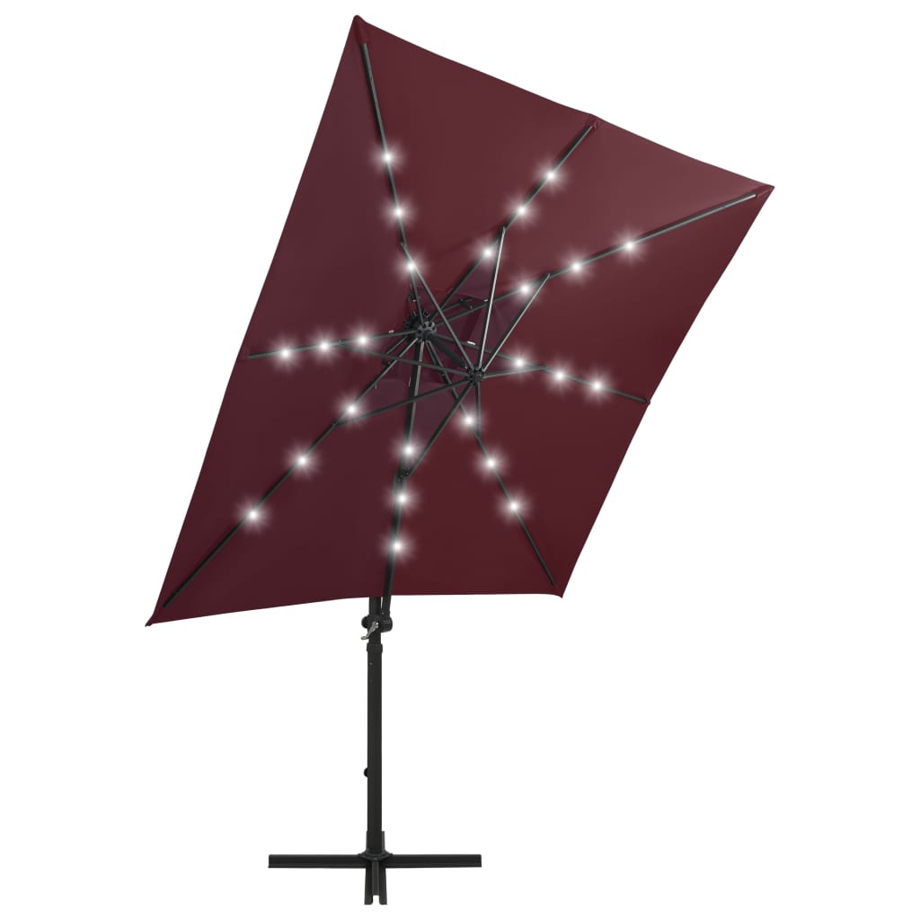 Parasol flotante de Vidaxl con poste y iluminación LED 250 cm Burdeos rojo