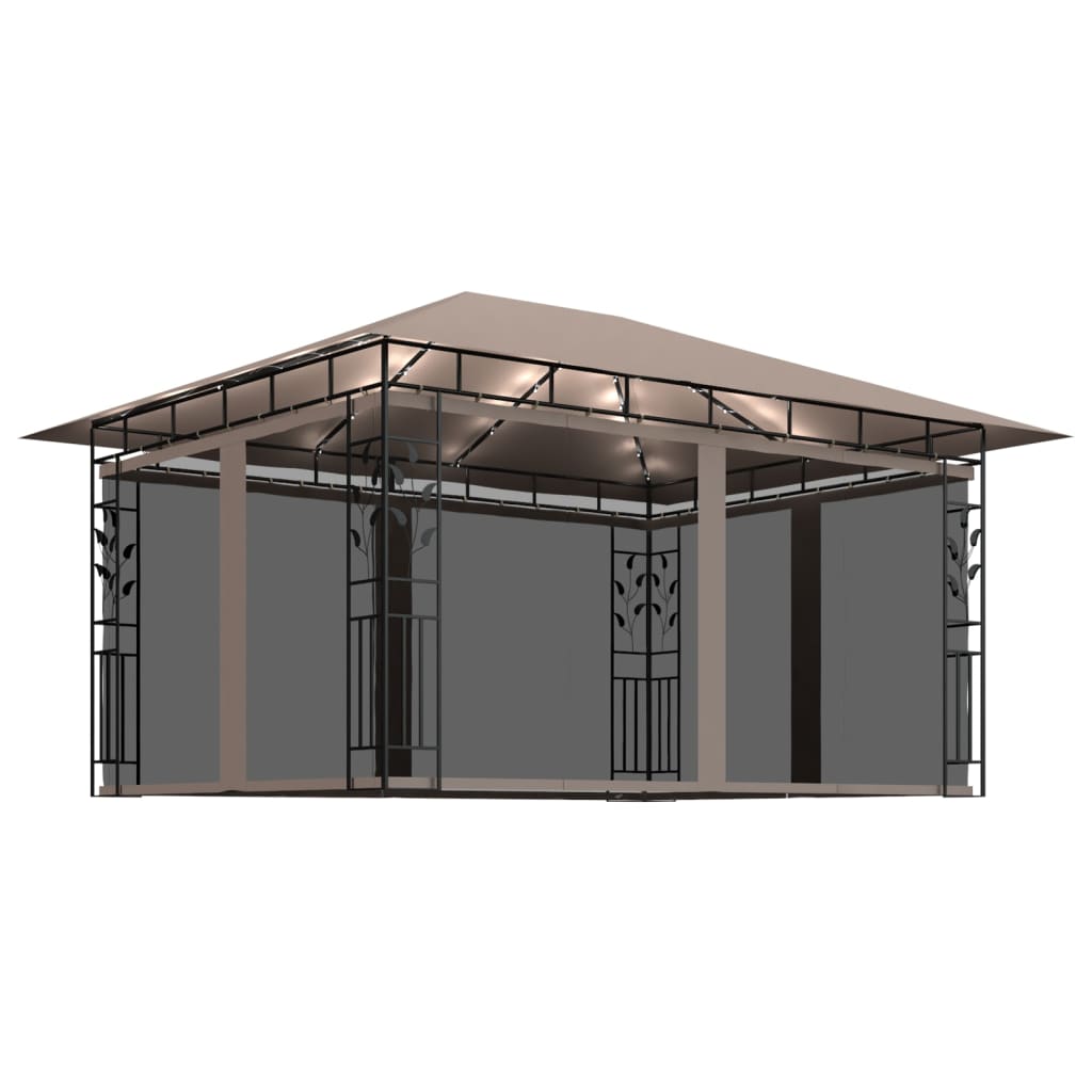 Vidaxl -Arbor mit Moskitonetz -LED -Leichtgirlande 180 g m² 4x3x2,73 m Taupe