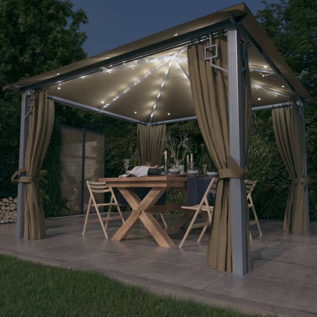 Vidaxl arbor with curtain and LED light garland 3x3 m aluminum taupe