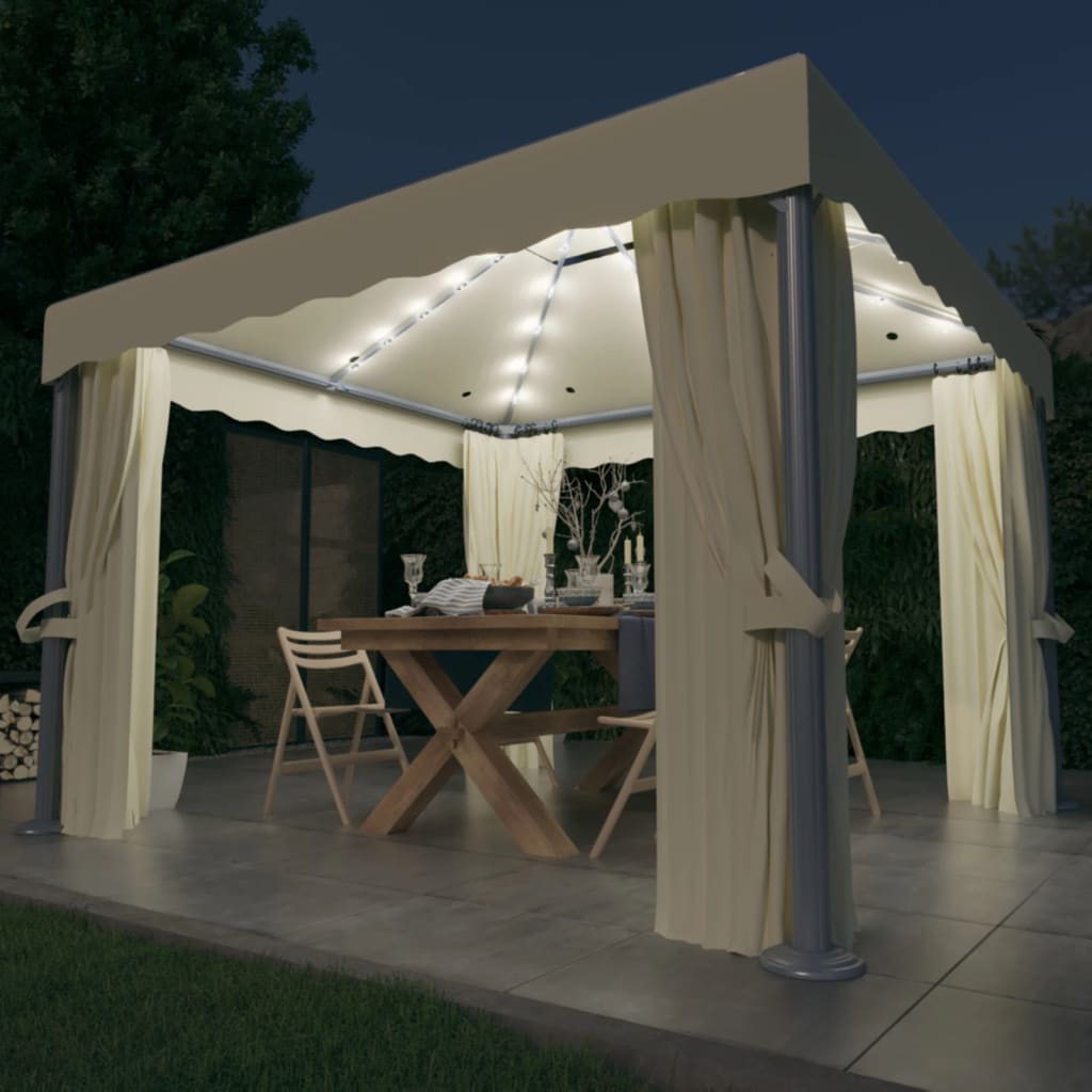 Vidaxl Arbor med gardin og LED -lys krans 3x3 m krem ​​hvit