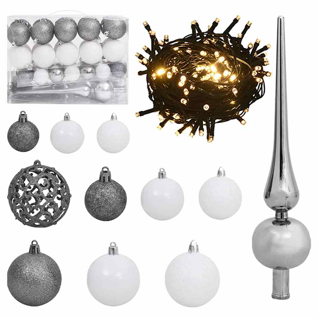 Vidaxl 61-part Christmas ball set with peak and 150 LEDs white and gray