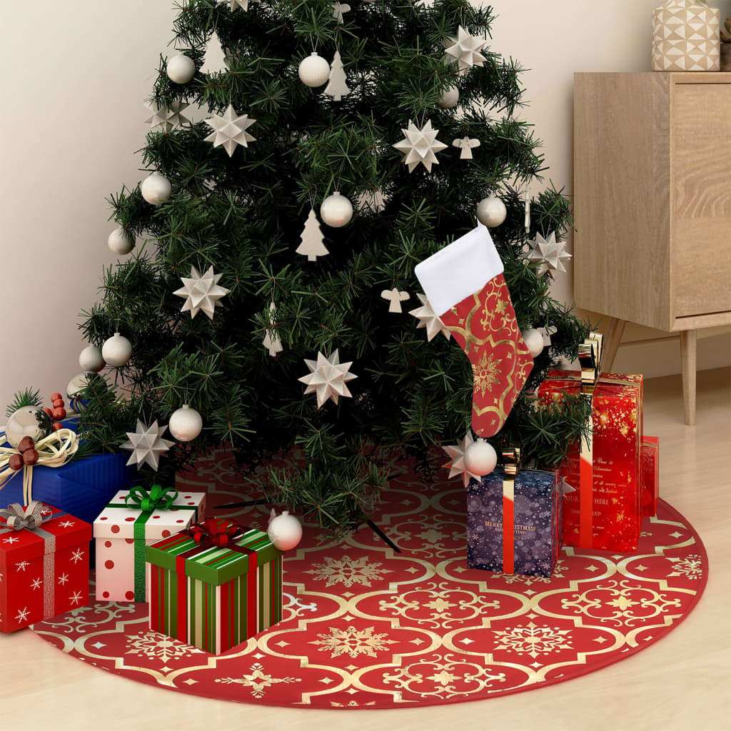 Vidaxl Jupe d'arbre de Noël luxe avec chaussette 90 cm tissu rouge