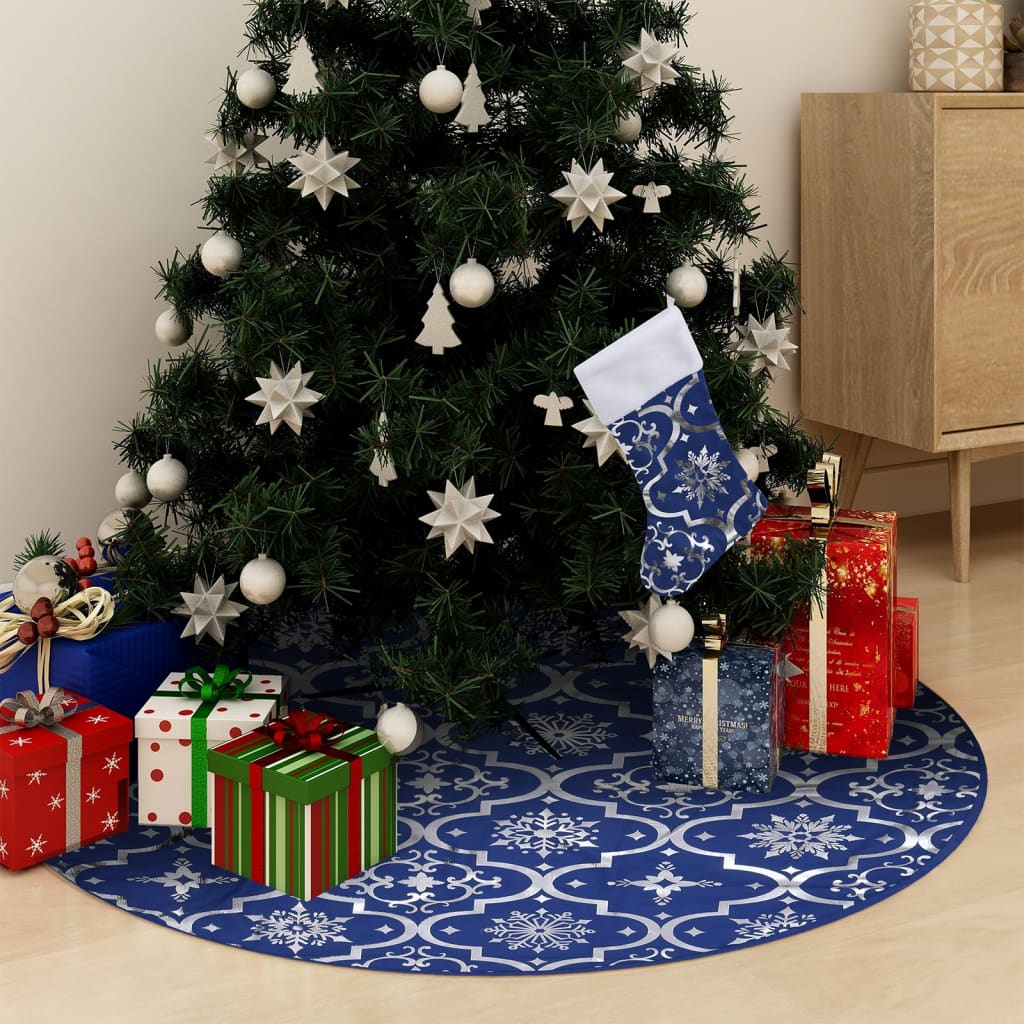 Vidaxl Gonna di albero di Natale Luxury con calzino da 150 cm tessuto blu