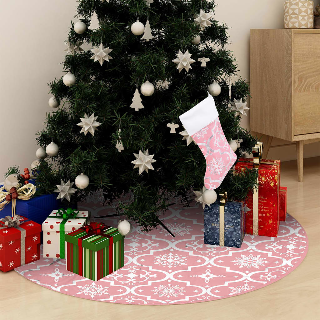 Vidaxl Jupe d'arbre de Noël luxe avec chaussette 150 cm tissu rose