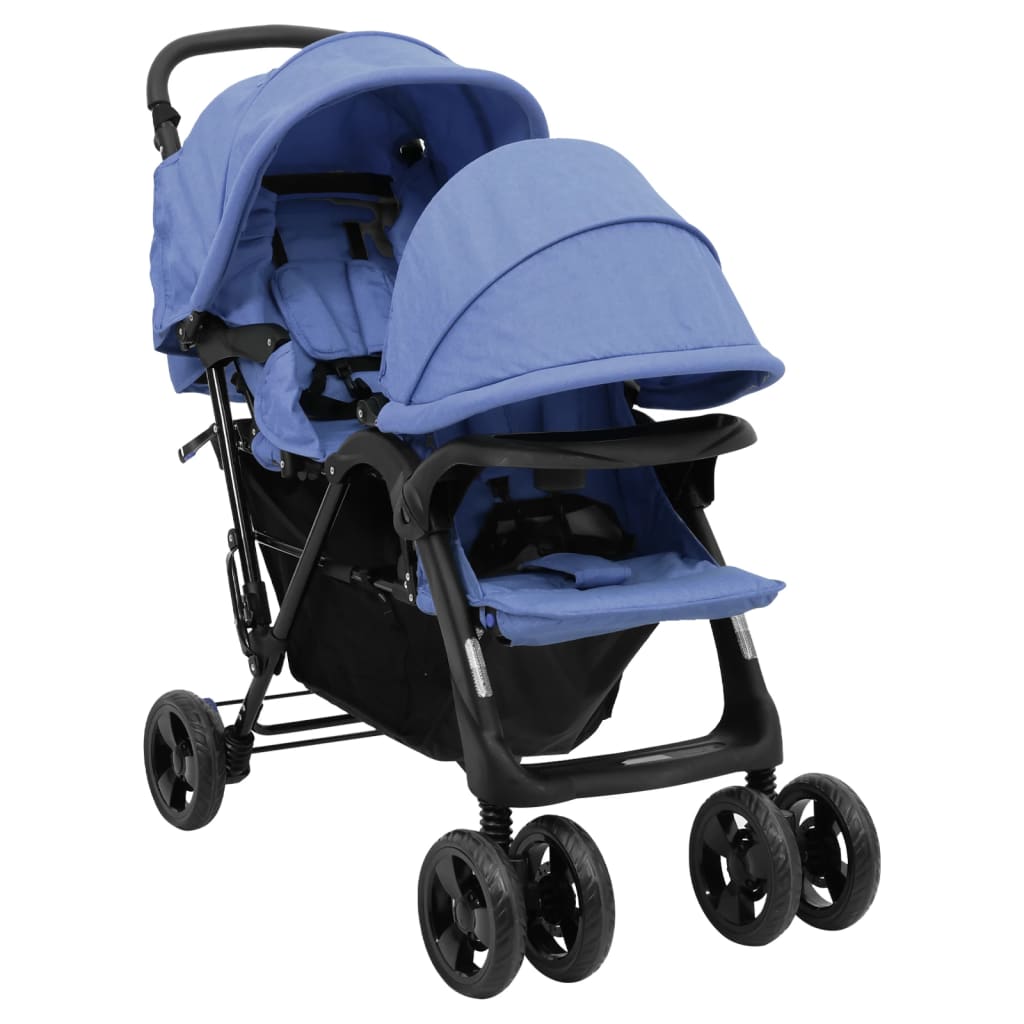 VidaXL Tweelingkinderwagen tandem staal marineblauw