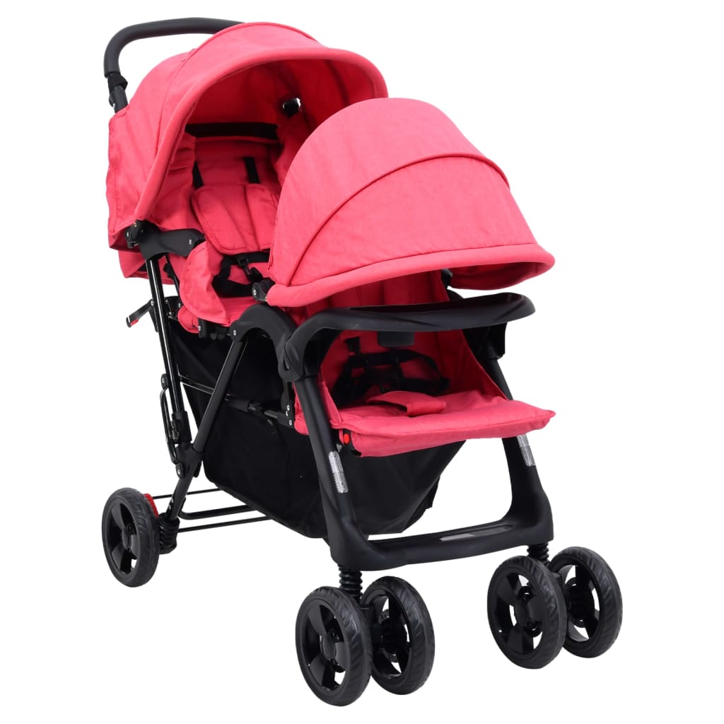 VidaXL Tweelingkinderwagen tandem staal rood