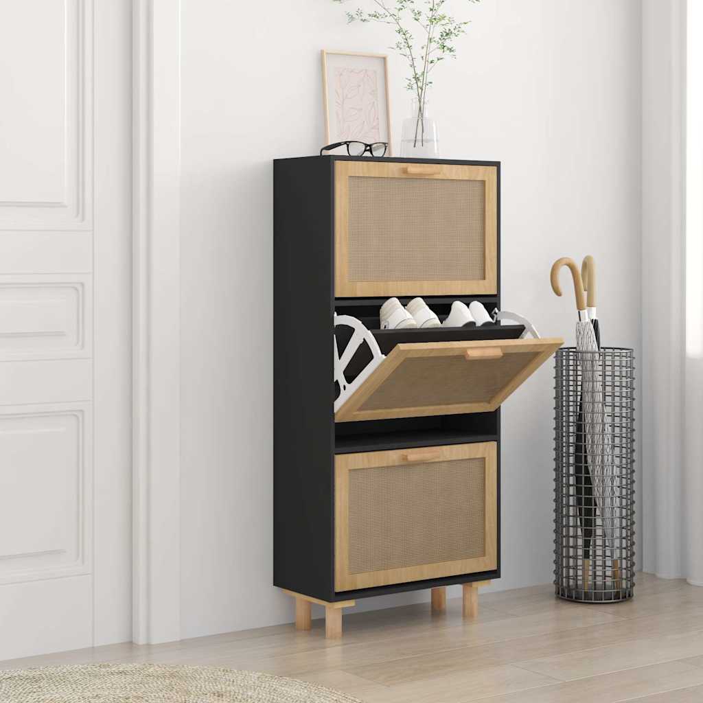 Vidaxl Shoe cabinet 52x25x115 cm Properted Wood and Rattan Black