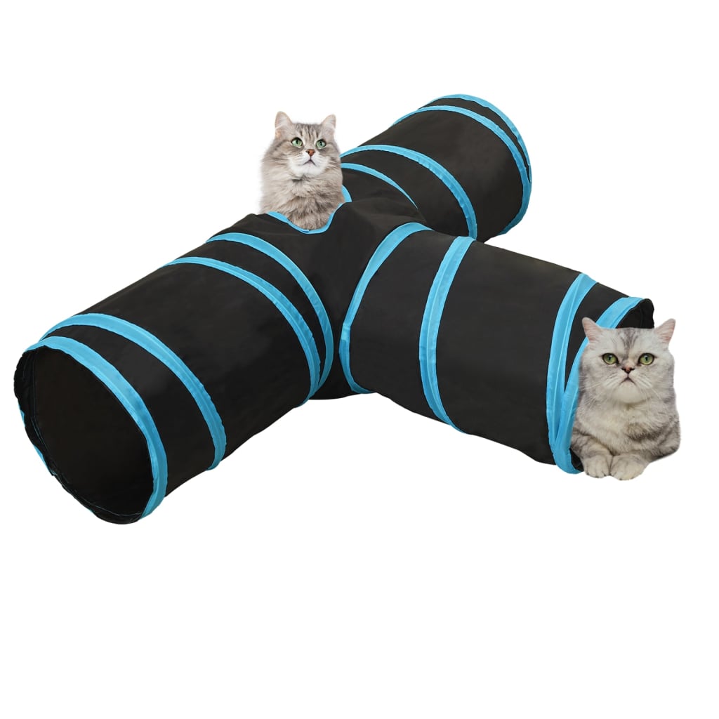 VidaXL Kattentunnel 3-voudig 90 cm polyester zwart en blauw