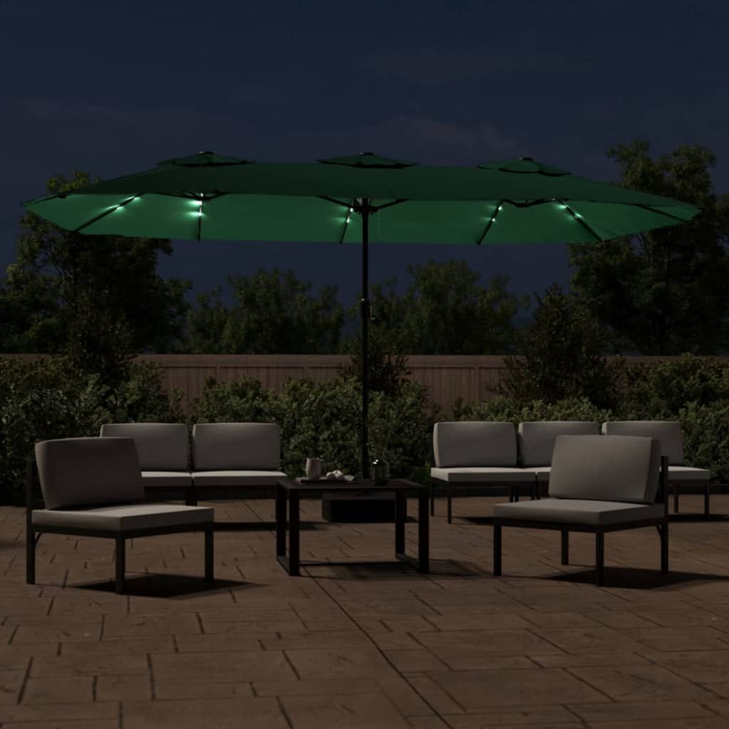 Vidaxl parasol double toit avec LED 449x245 cm vert