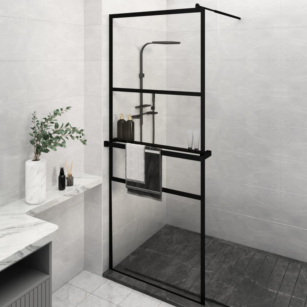 Vidaxl Walk-in shower wall with shelf 80x195 cm ESG-Glas Aluminum Black