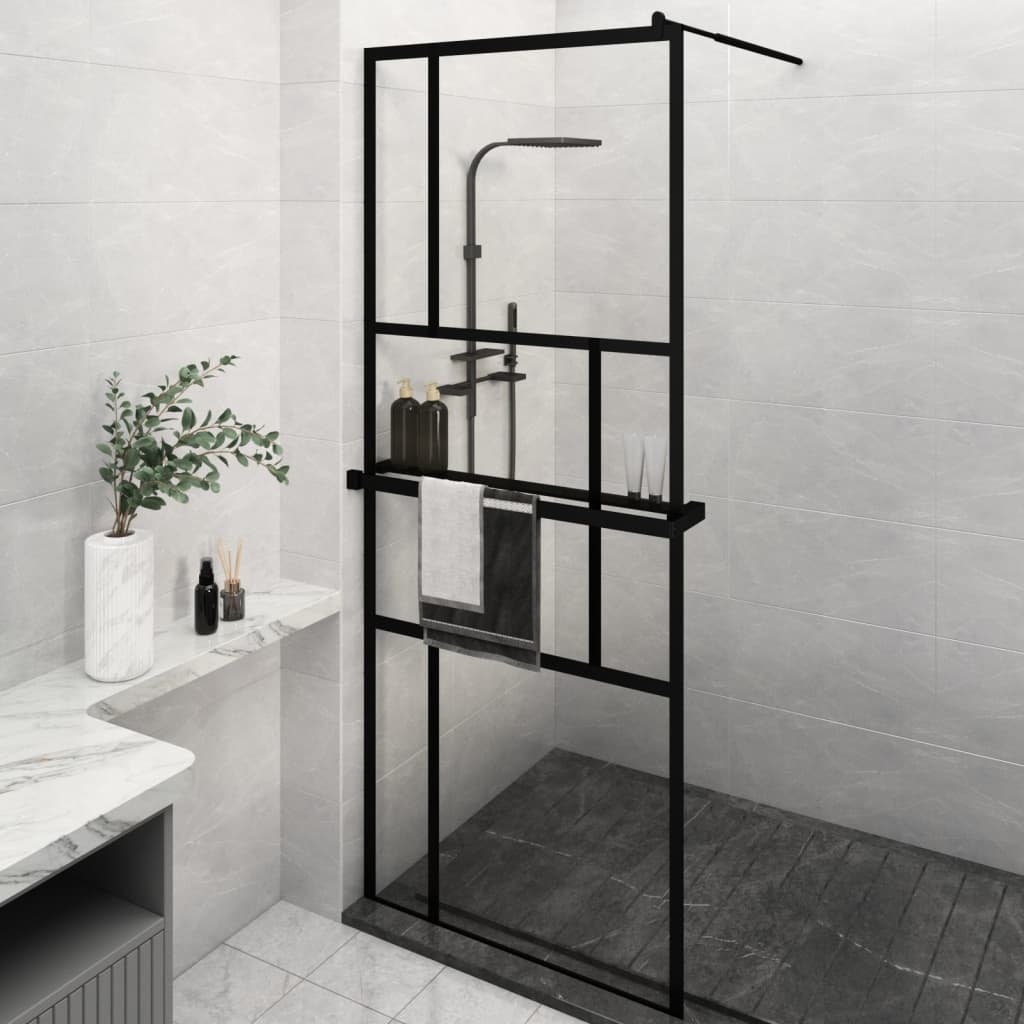 Vidaxl Walk-in shower wall with shelf 80x195 cm ESG-Glas Aluminum Black