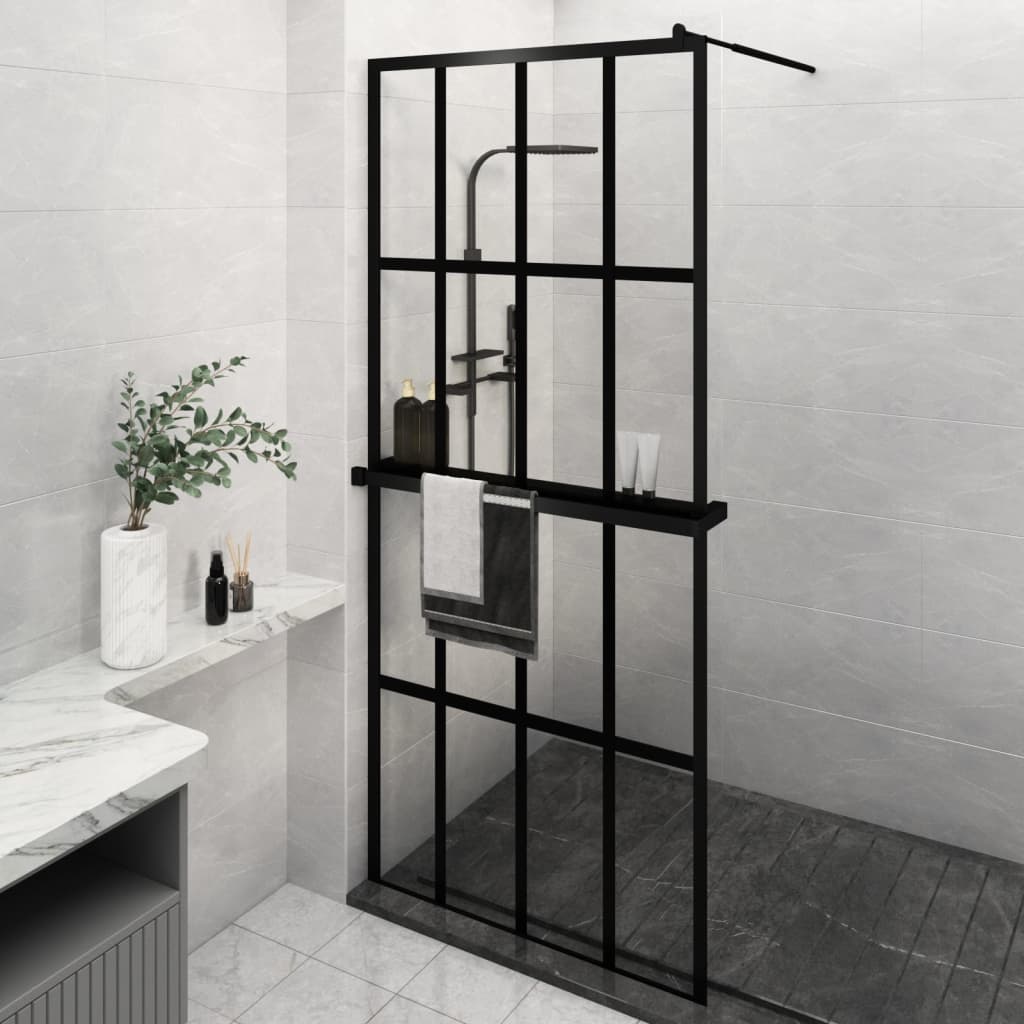 Vidaxl Walk-in shower wall with shelf 90x195 cm ESG-Glas Aluminum Black