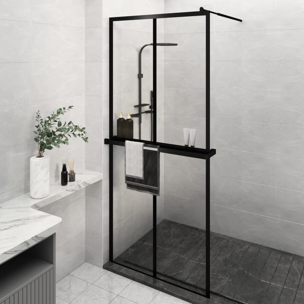 Vidaxl Walk-in shower wall with shelf 90x195 cm ESG-Glas Aluminum Black