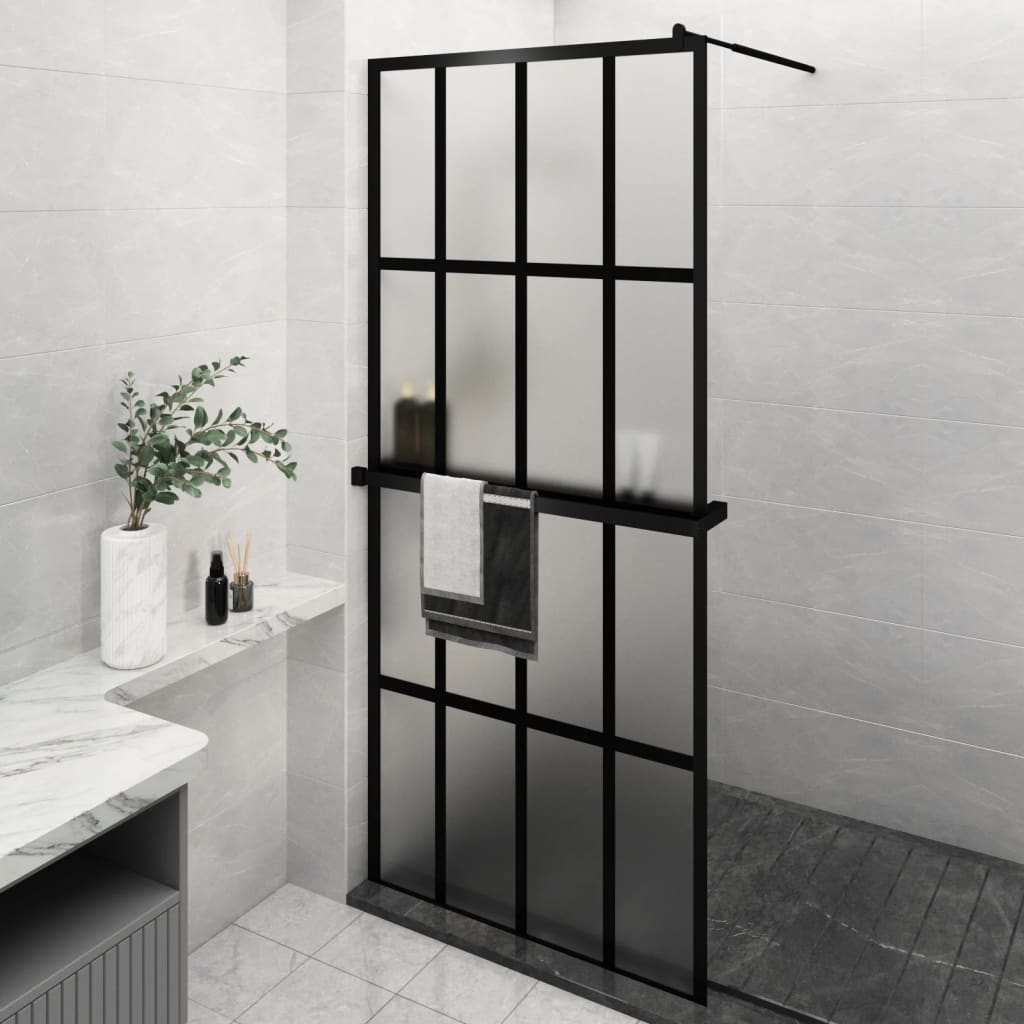 Vidaxl Walk-in shower wall with shelf 90x195 cm ESG-Glas Aluminum Black