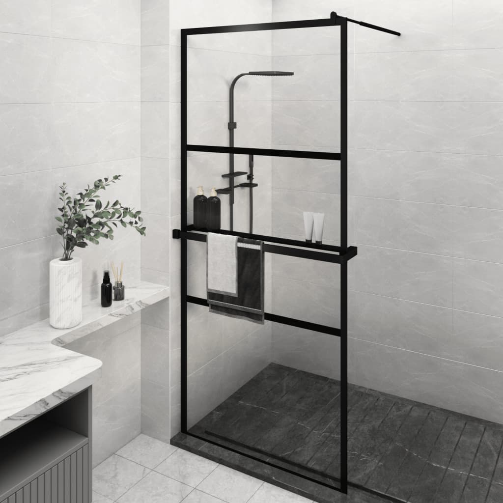 Vidaxl Walk-in shower wall with shelf 90x195 cm ESG-Glas Aluminum Black