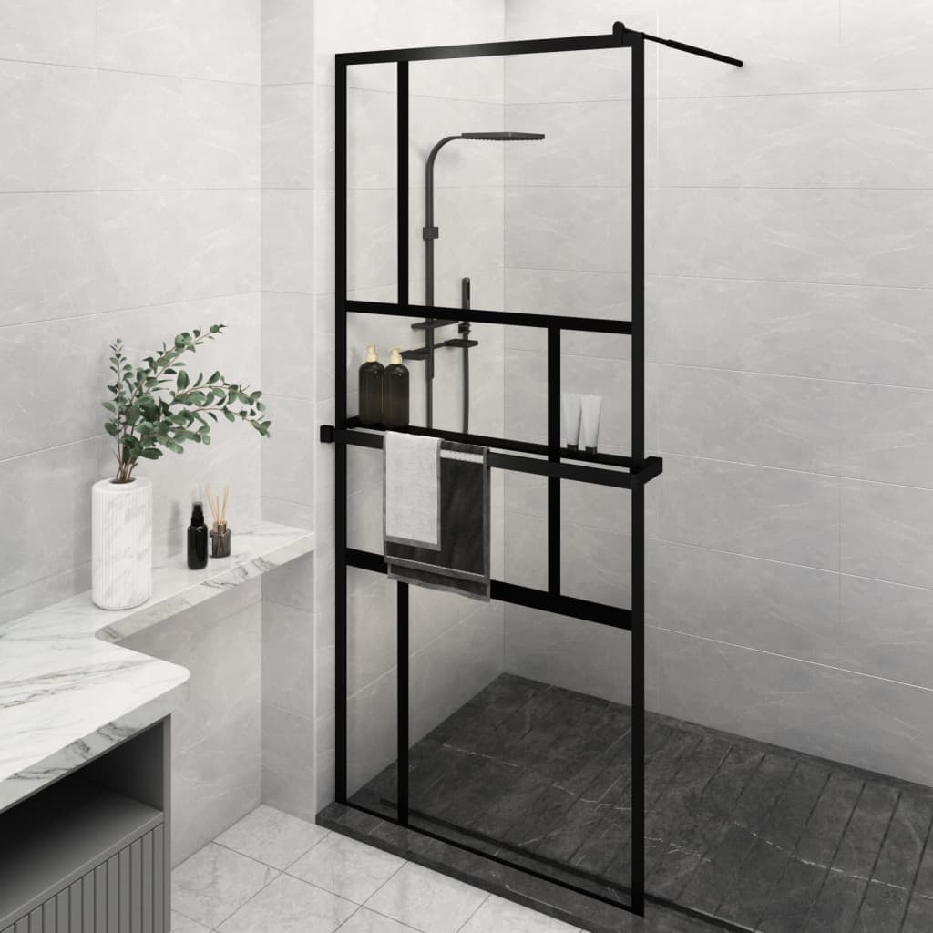 Vidaxl Walk-in shower wall with shelf 90x195 cm ESG-Glas Aluminum Black