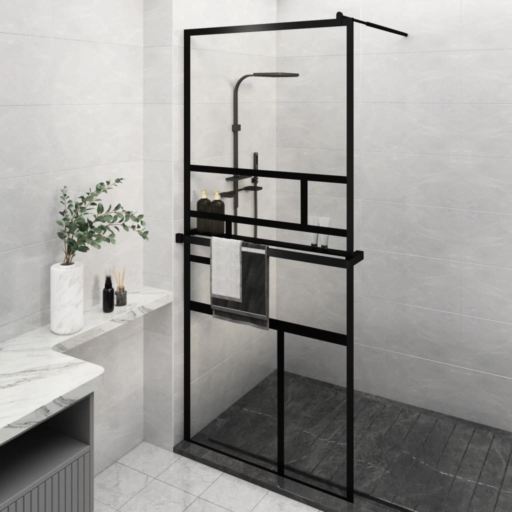 Vidaxl Walk-in shower wall with shelf 90x195 cm ESG-Glas Aluminum Black