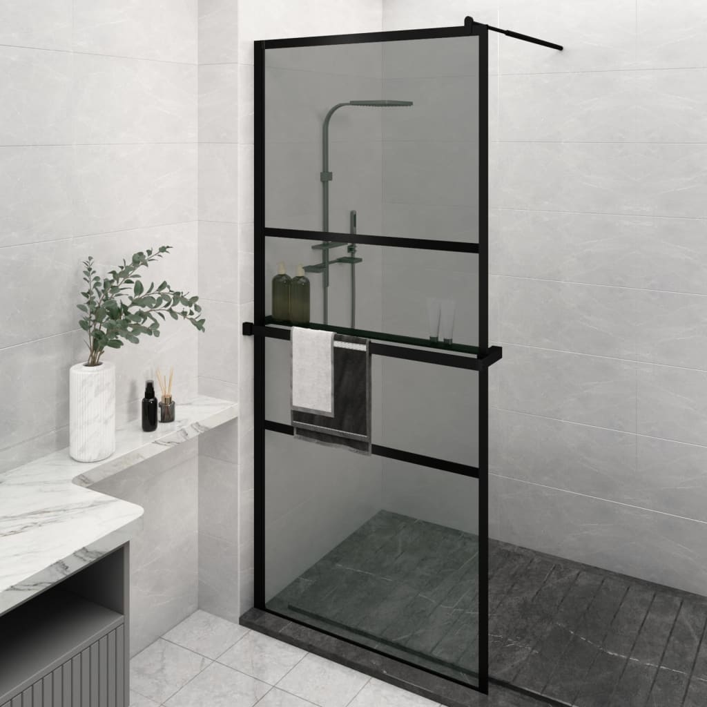 Vidaxl Walk-in shower wall with shelf 90x195 cm ESG-Glas Aluminum Black