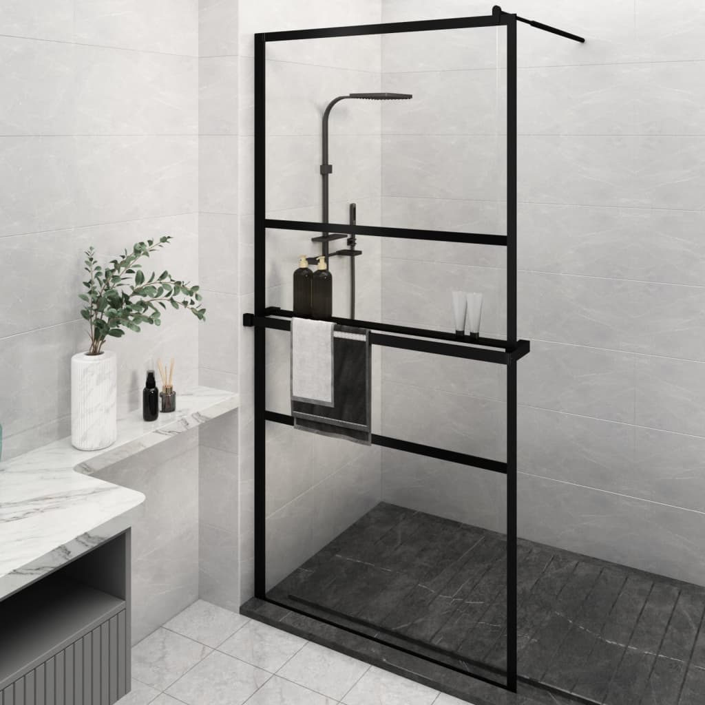 Vidaxl Walk-In Sprchová stěna s policí 115x195 cm esg-glas hliníková černá