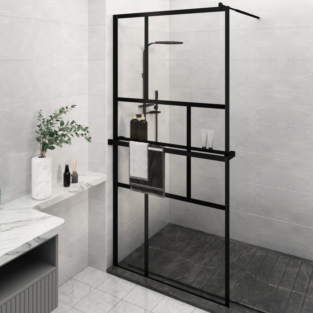 Vidaxl Walk-In Sprchová stěna s policí 115x195 cm esg-glas hliníková černá