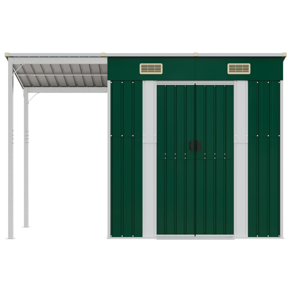 Vidaxl Garden Shed With Extended Roof 277x110.5x181 cm stålgrønn