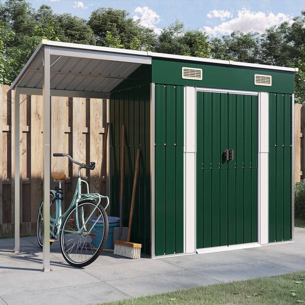 Vidaxl Garden Shed With Extended Roof 277x110.5x181 cm stålgrønn