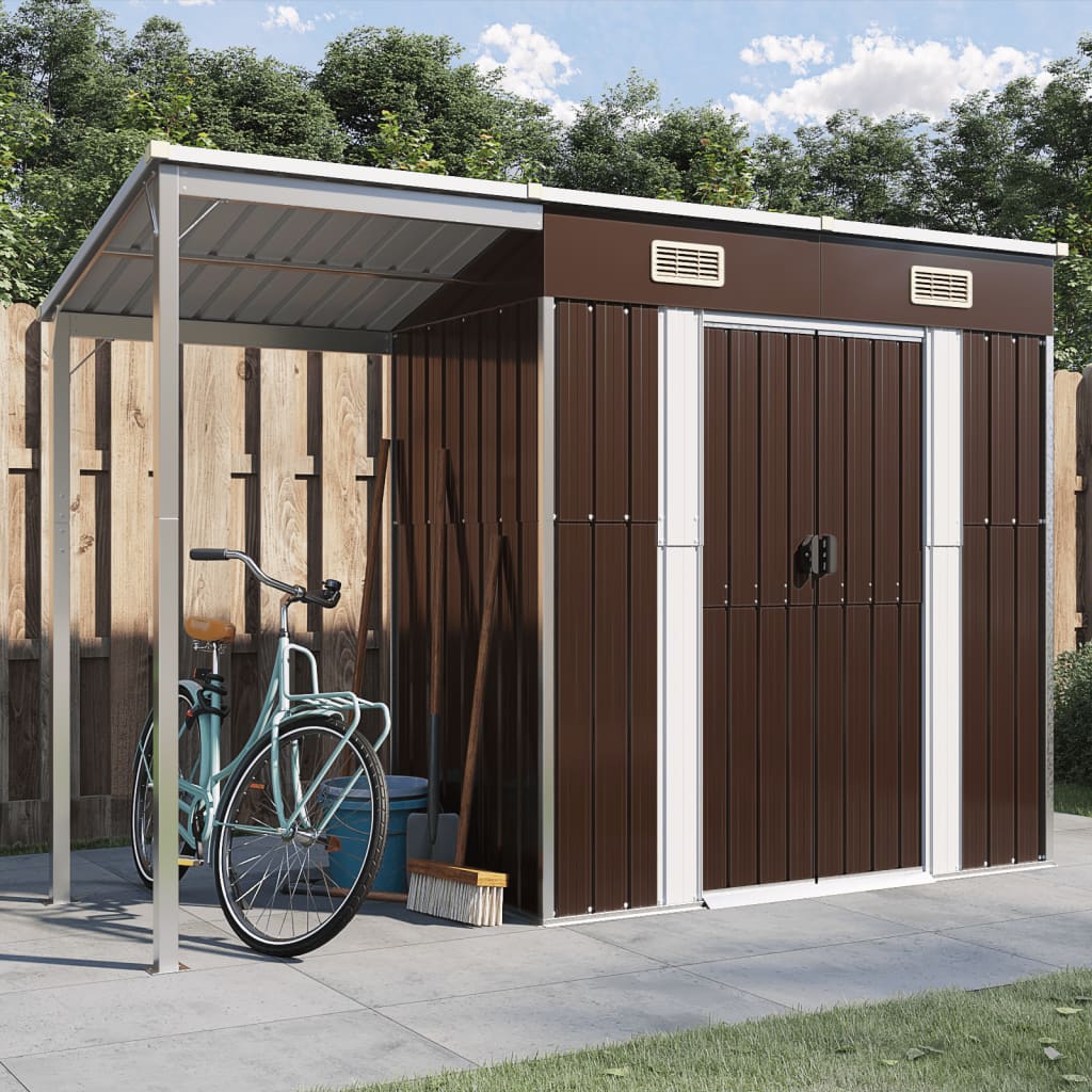 Vidaxl Garden Shed med utvidet tak 277x110.5x181 cm stålbrun