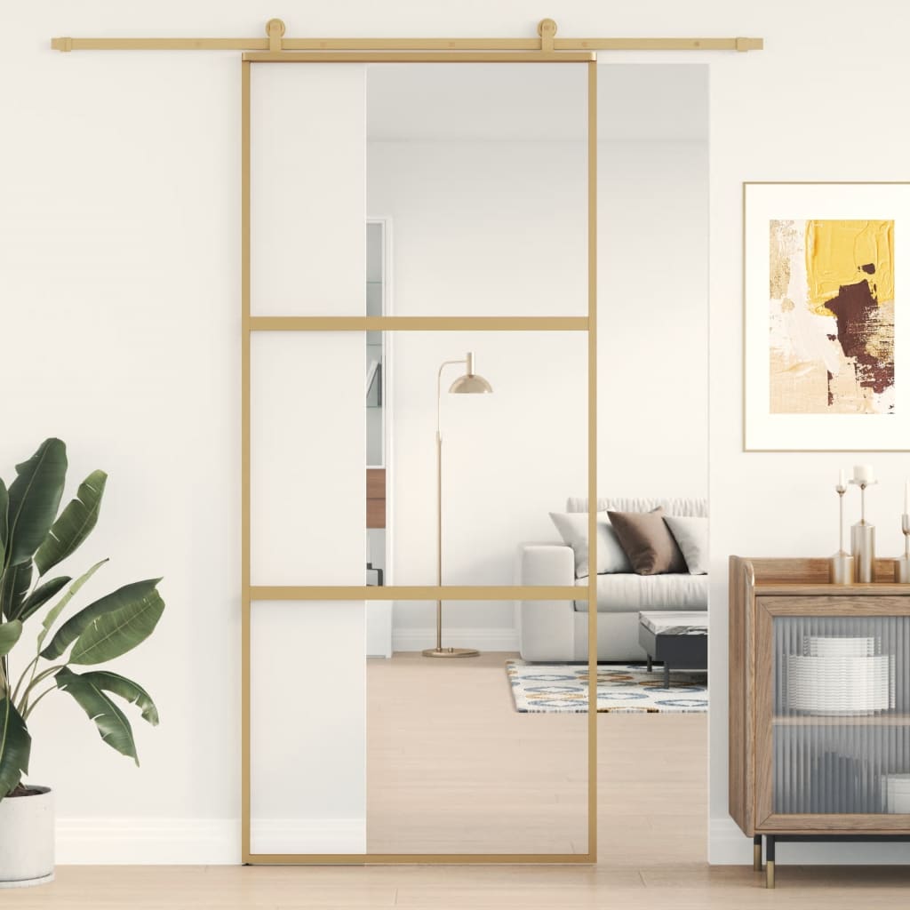 Vidaxl rutscht Dier 90x205 cm kloer ESG Glas an Aluminium Gold faarweg