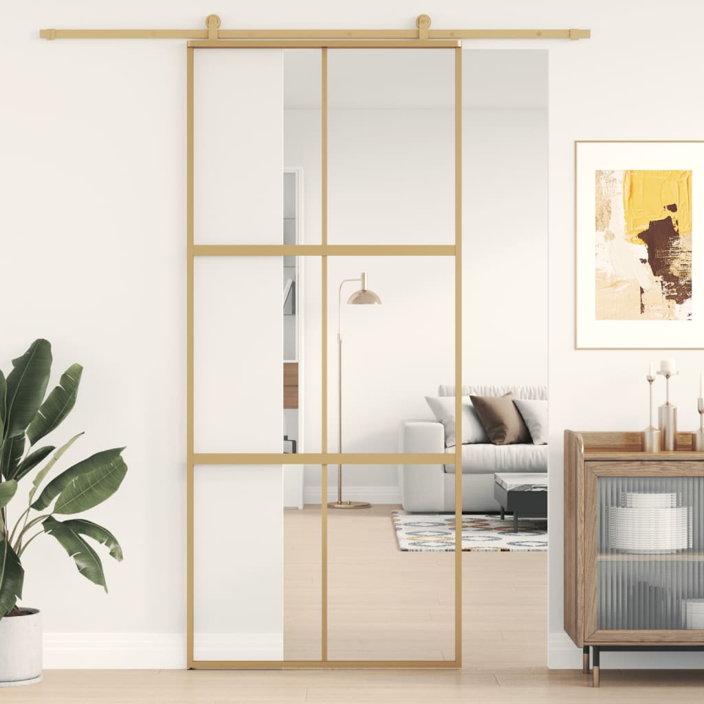 Vidaxl rutscht Dier 90x205 cm kloer ESG Glas an Aluminium Gold faarweg