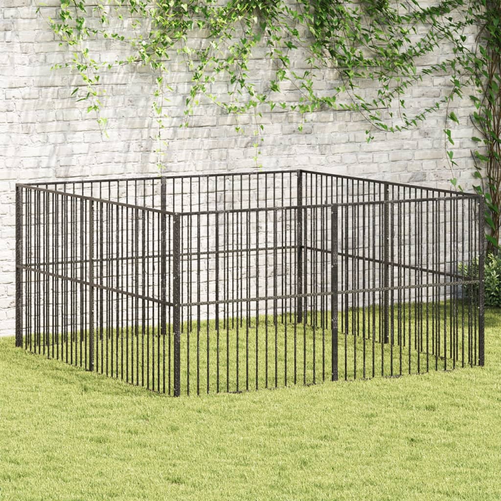 Vidaxl chien Kennel 8 panneaux Poudre - acier enfoncé noir