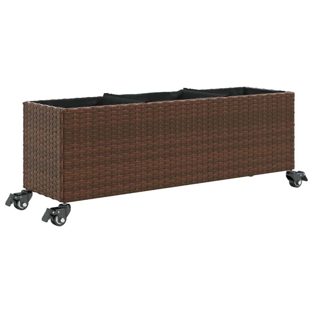 Sadzarka vidaxl z kółkami 3 garnki 107x32x38 cm poli rattan brąz