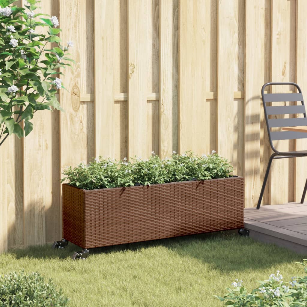 Plantador Vidaxl con ruedas 3 macetas 107x32x38 cm Poly Rattan Brown