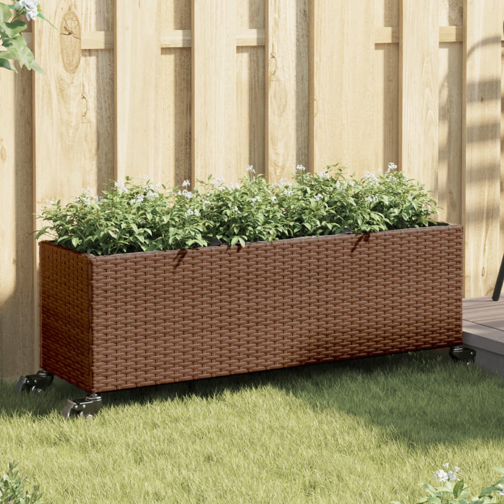 Plantador Vidaxl con ruedas 3 macetas 107x32x38 cm Poly Rattan Brown