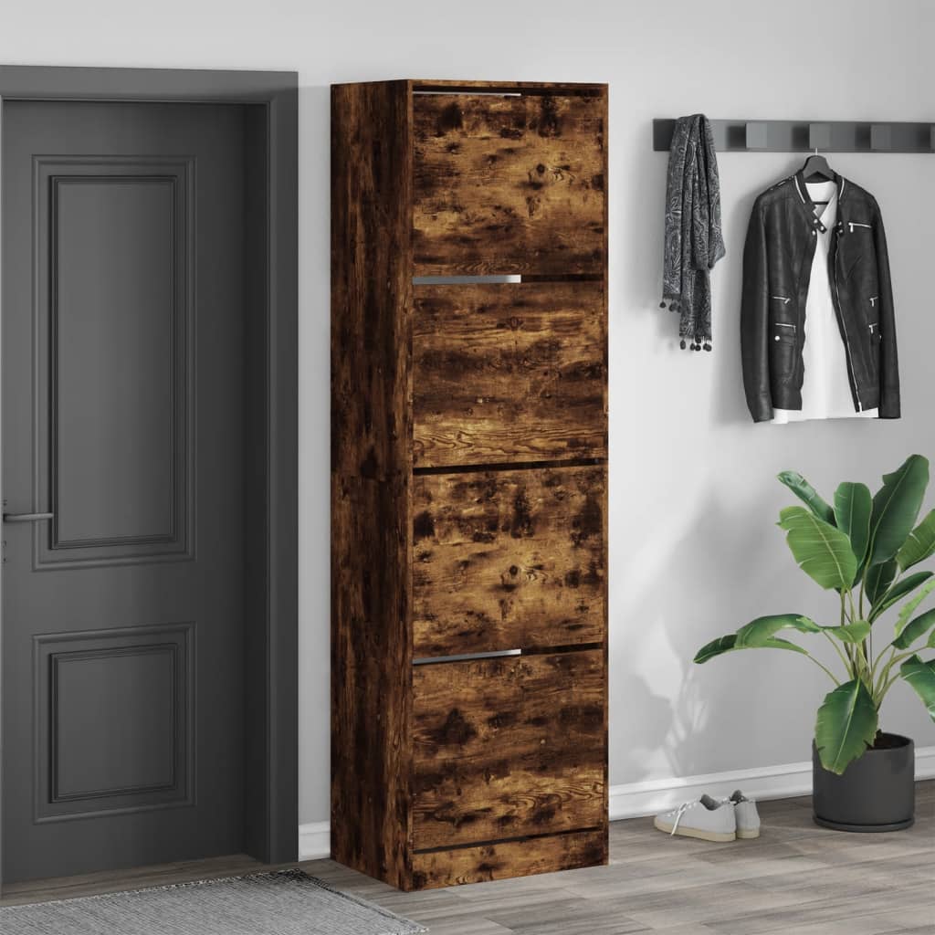 Armoire à chaussures Vidaxl avec 4 tiroirs pliants 60x42x204 cm de chêne fumé de couleur