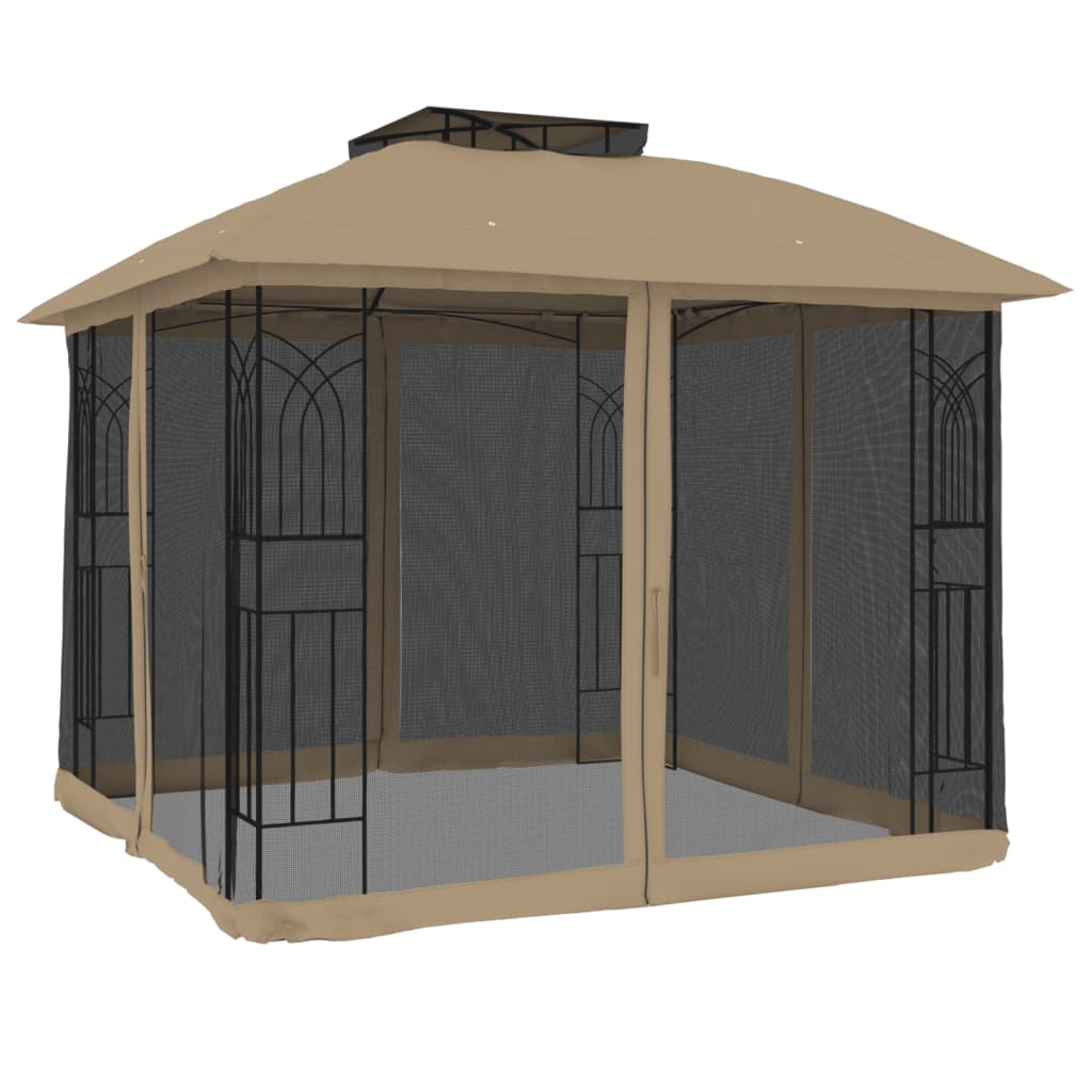 VidaXL arbor side walls of mesh and double roof 2.94x2.94 m steel taupe