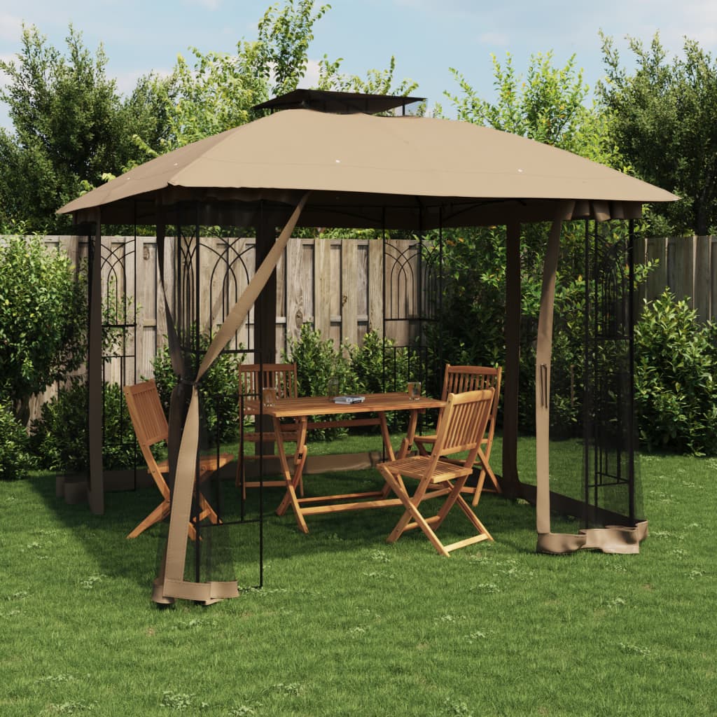 VidaXL arbor side walls of mesh and double roof 2.94x2.94 m steel taupe