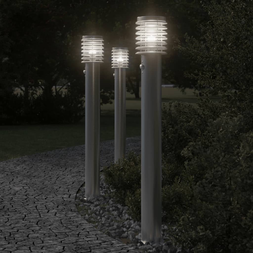 VidaXL Buitenvloerlampen 3 st met sensors 110 cm roestvrijstaal zilver