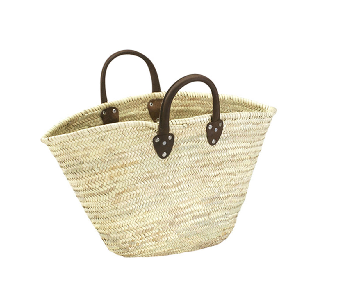 Source balance palm leaf bag with short leather handle