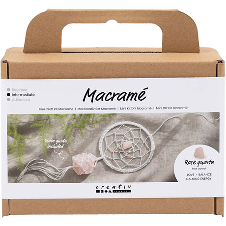 Mini zestaw hobbystyczny firmy Creativ makrama, łapacz snów z kwarcem różowym, jasnoróżowy, biały, 1 opakowanie