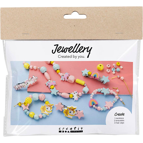 Mini zestaw hobbystyczny firmy Creativ - biżuteria, naszyjnik, bransoletki, kolczyki w kolorze jasnoniebieskim, jasnoczerwonym, żółtym, 1 opakowanie