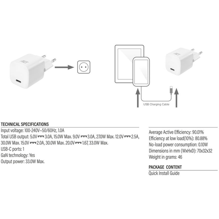 Conectividade ACT Conectividade Compact USB-C Carregador 33W com entrega e GaN