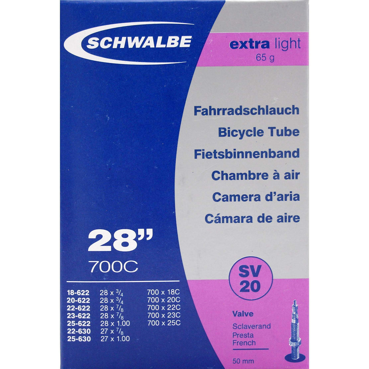 Schwalbe inner tube SV20 50mm 28inch 18 25-622 630 extra light 81gr