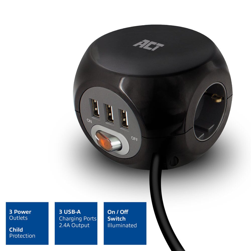 Act square power strip (pdu) with 3 sockets type f 1.5m