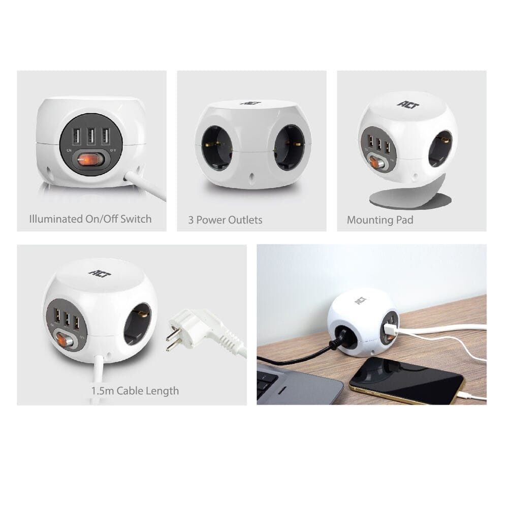 Act square power strip (pdu) with 3 sockets type f 1.5m