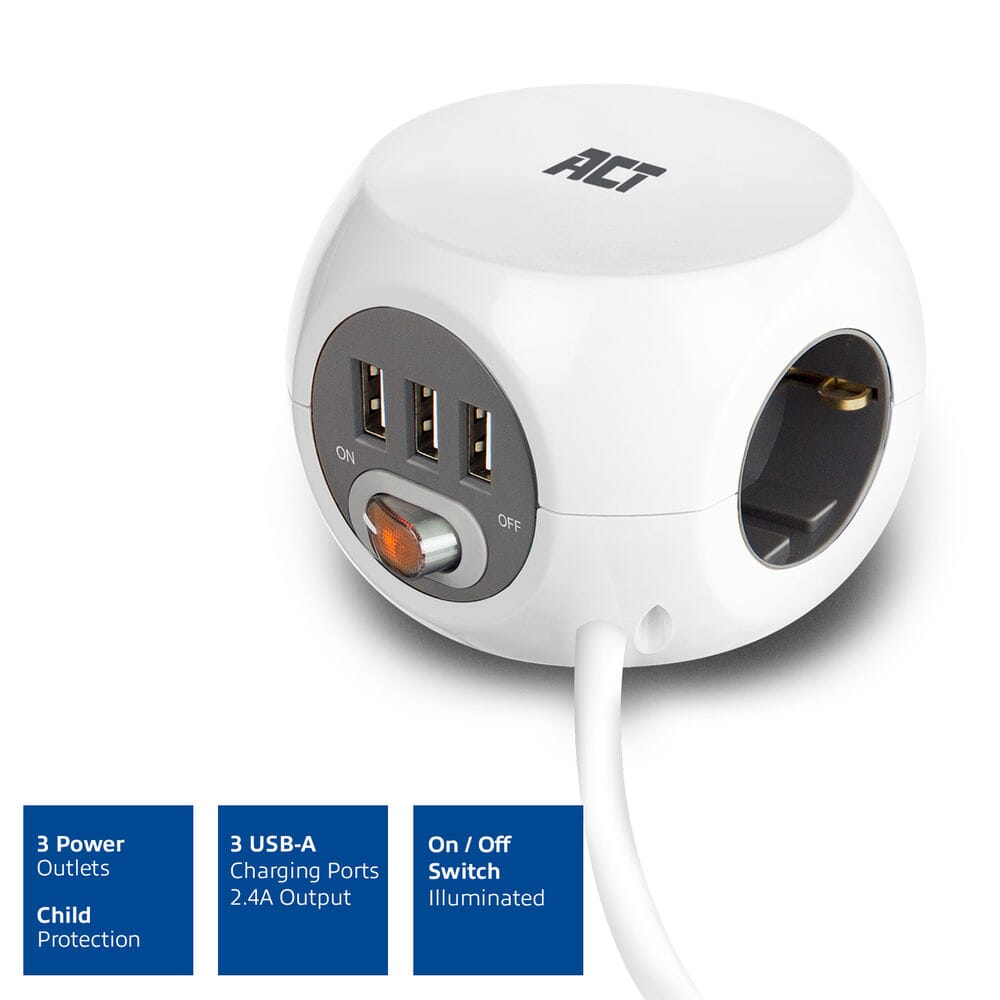 Act square power strip (pdu) with 3 sockets type f 1.5m