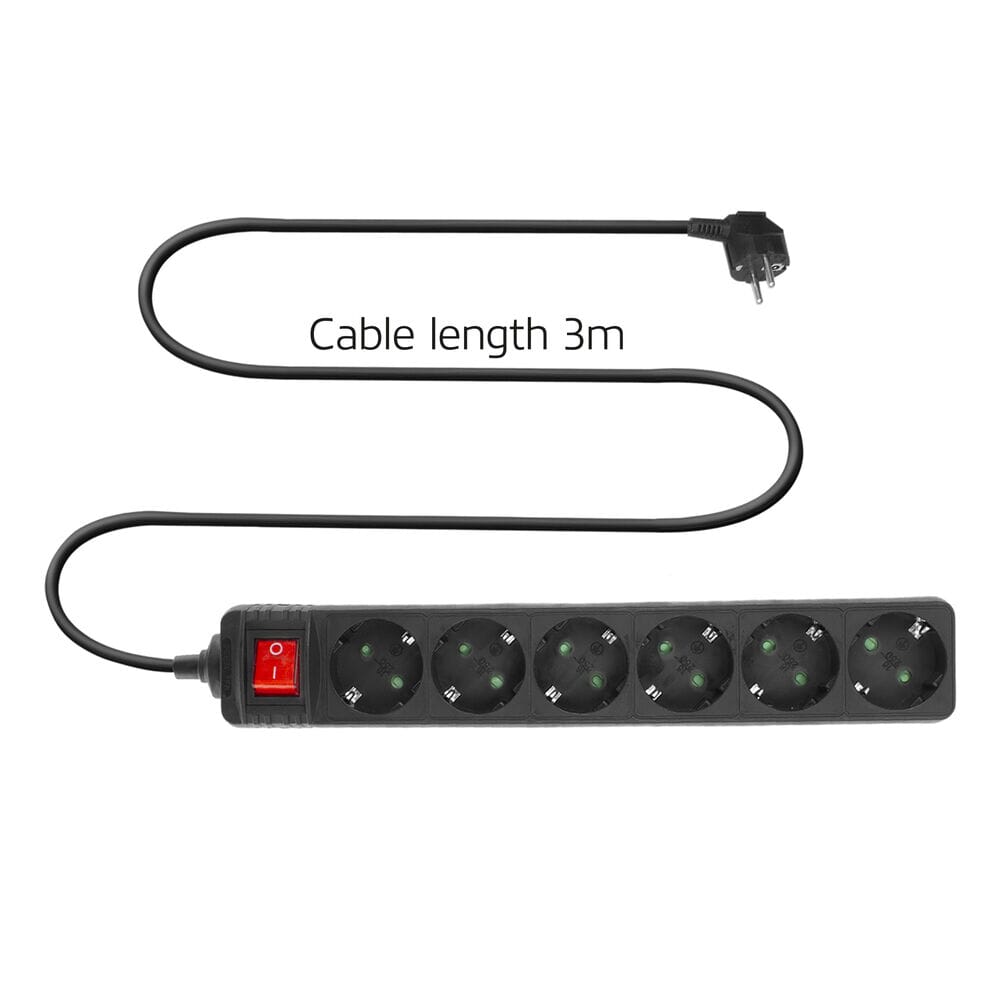 Act connectivity power strip with illuminated switch, 6 sockets, 3 m, black power strip (black)