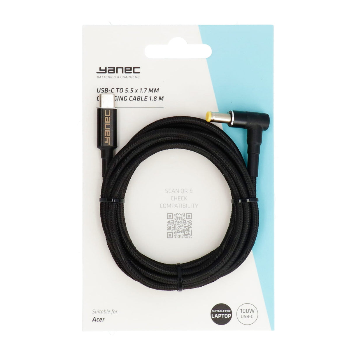 Yanec USB-C iki 5,5 x 1,7 mm įkrovimo laidas 1,8 m