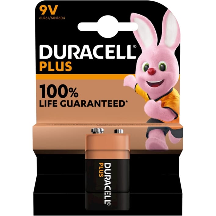 Duracell pluss alkalisk 100% 9V 6LR61 hver