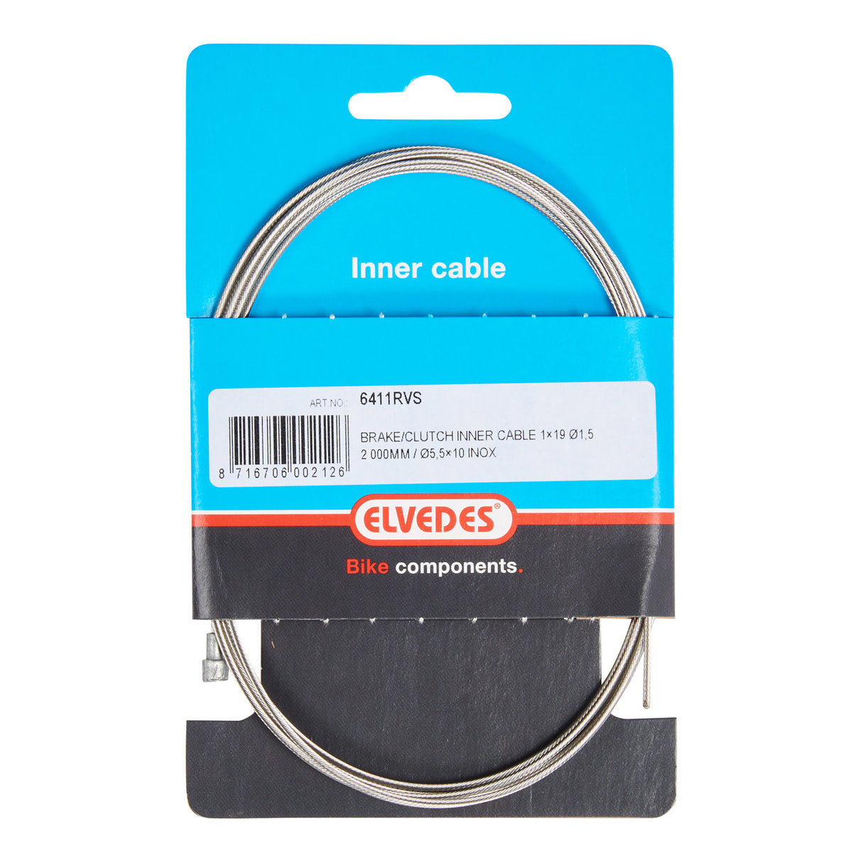 Elvedes brake inner cable 2,000 mm 1×19 thread stainless steel ø1.5mm with V-nipple ø5.5 × 10
