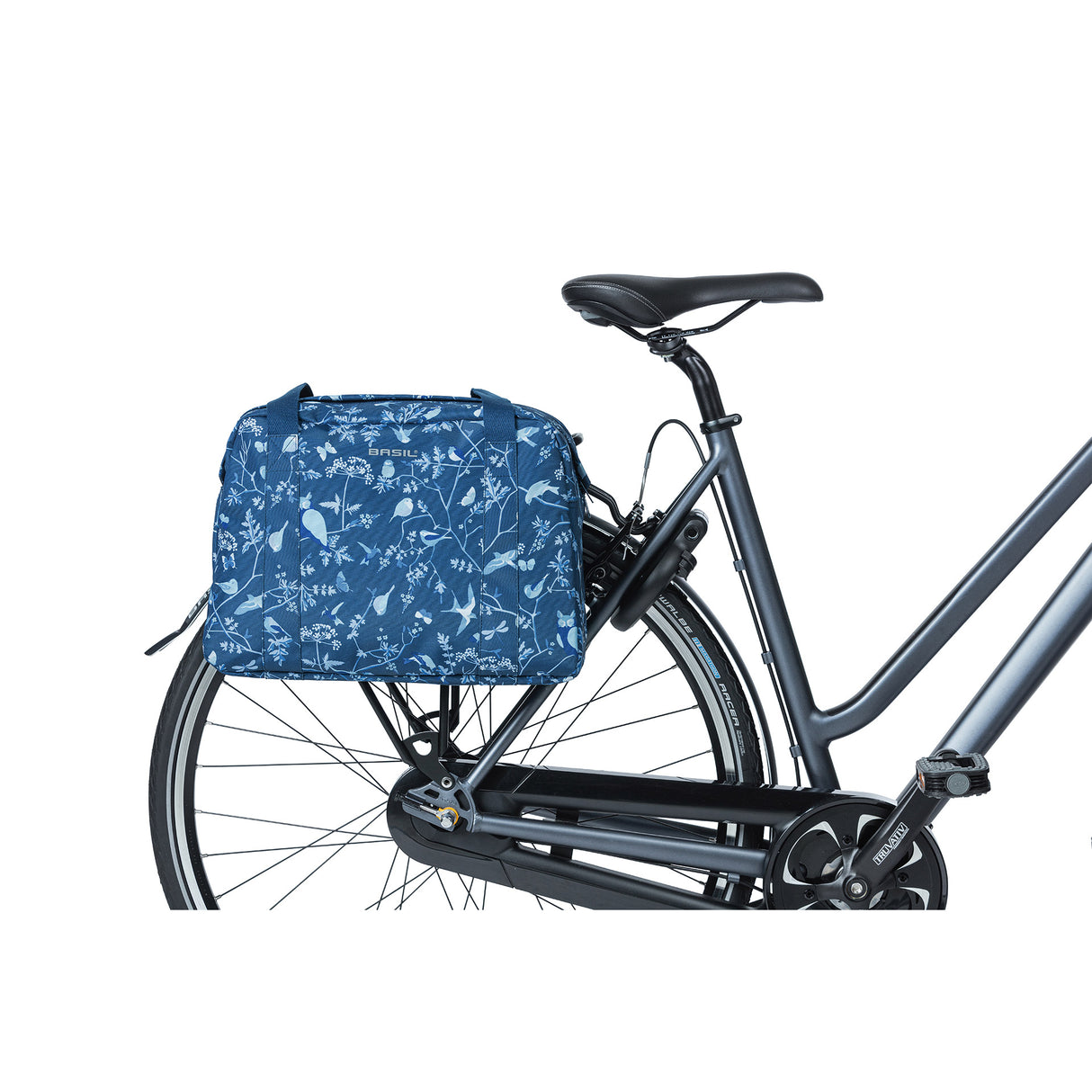 Basil Wanderlust Carry All Bag blauwe fietshandtas met vogelprint waterafstotend 18L